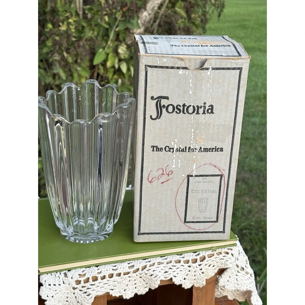 Vintage Fostoria Ribbed Crystal Vase Celestial Pattern Original Box Classic